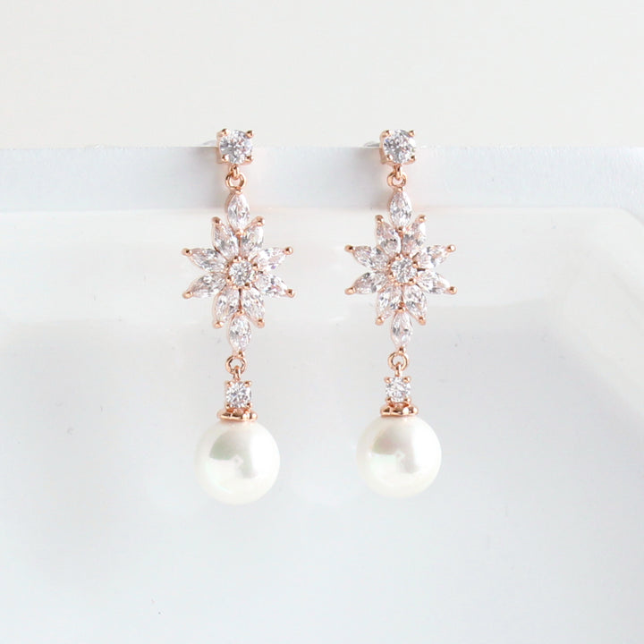 Juliette Floral Pearl & CZ Diamonds Earrings | Rose Gold