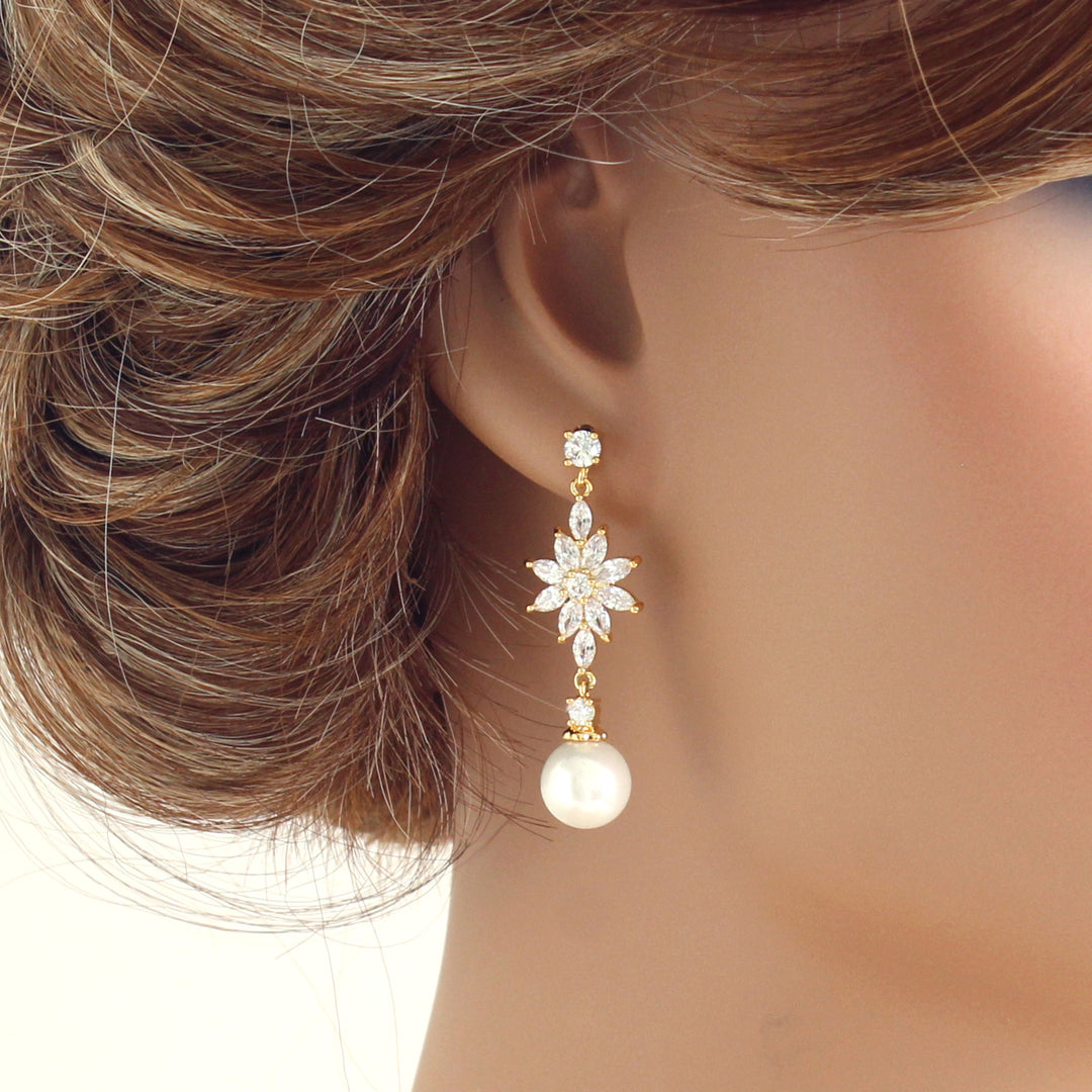 Juliette - Floral Pearl & CZ Diamonds Earrings | Rose Gold