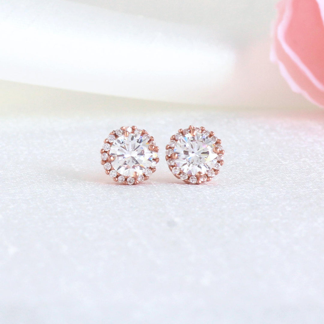 Adele Rose Gold Round Halo Stud Earrings