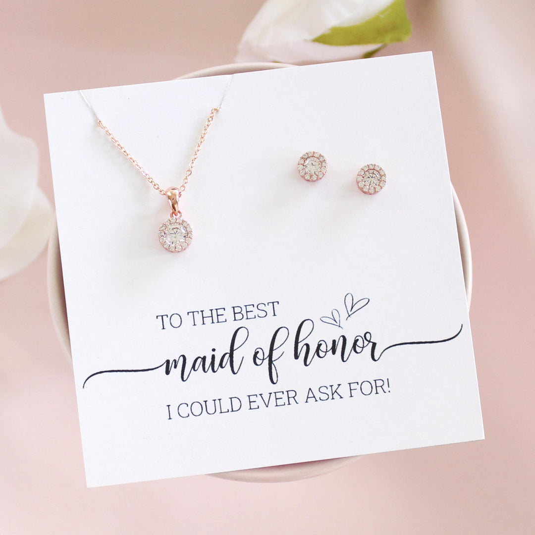 Ava - Round CZ Necklace & Earrings Set | Rose Gold