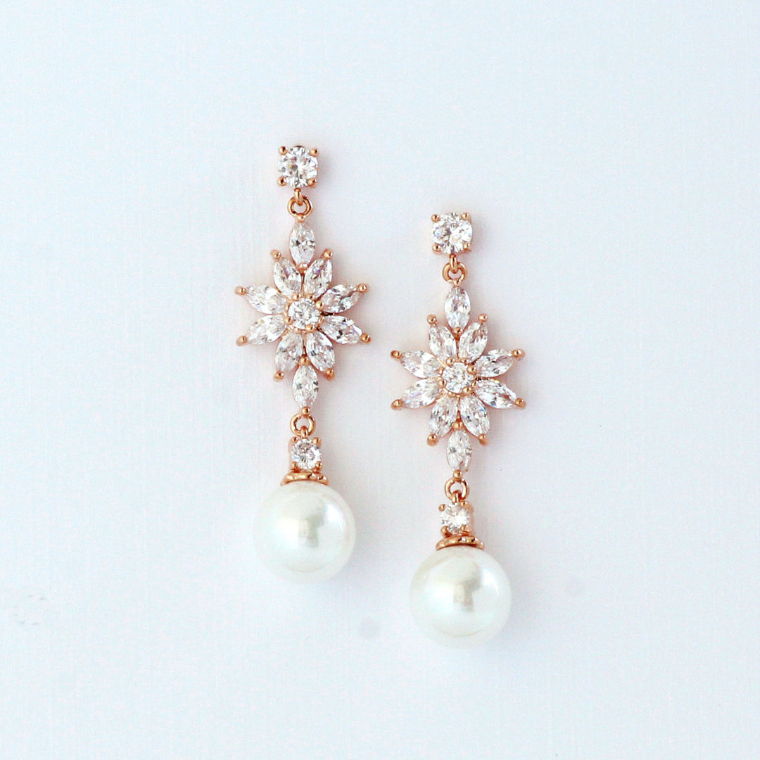 Juliette - Floral Pearl & CZ Diamonds Earrings | Rose Gold