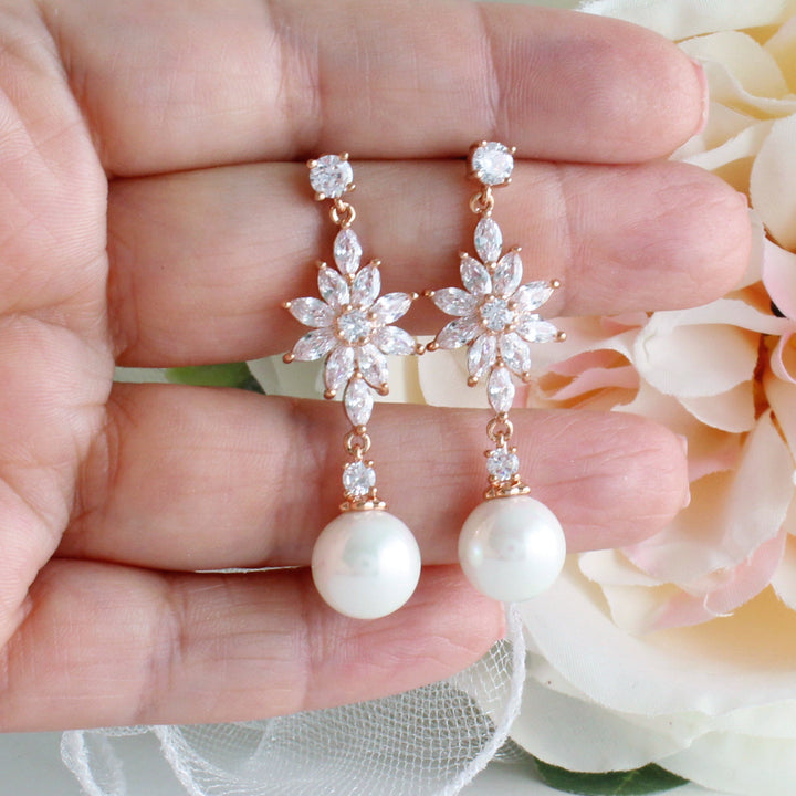 Juliette - Floral Pearl & CZ Diamonds Earrings | Rose Gold