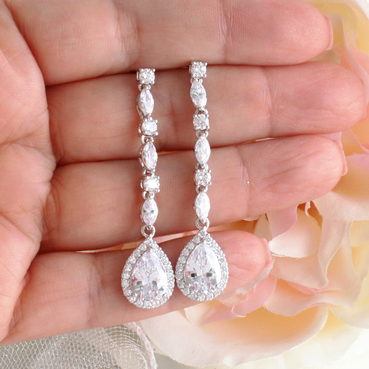 Arya | Long Crystal Drop Bridal Earrings