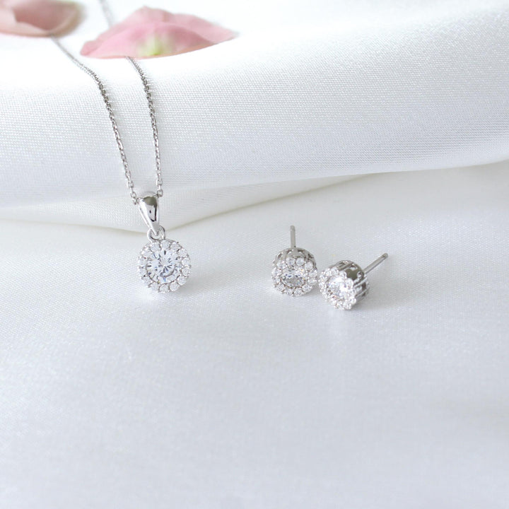 Ava Round CZ Necklace & Earrings Set in sterling silver