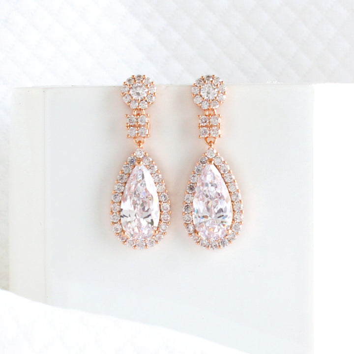 Lisa - Pear Shape CZ Diamond Drop Earrings | Rose Gold