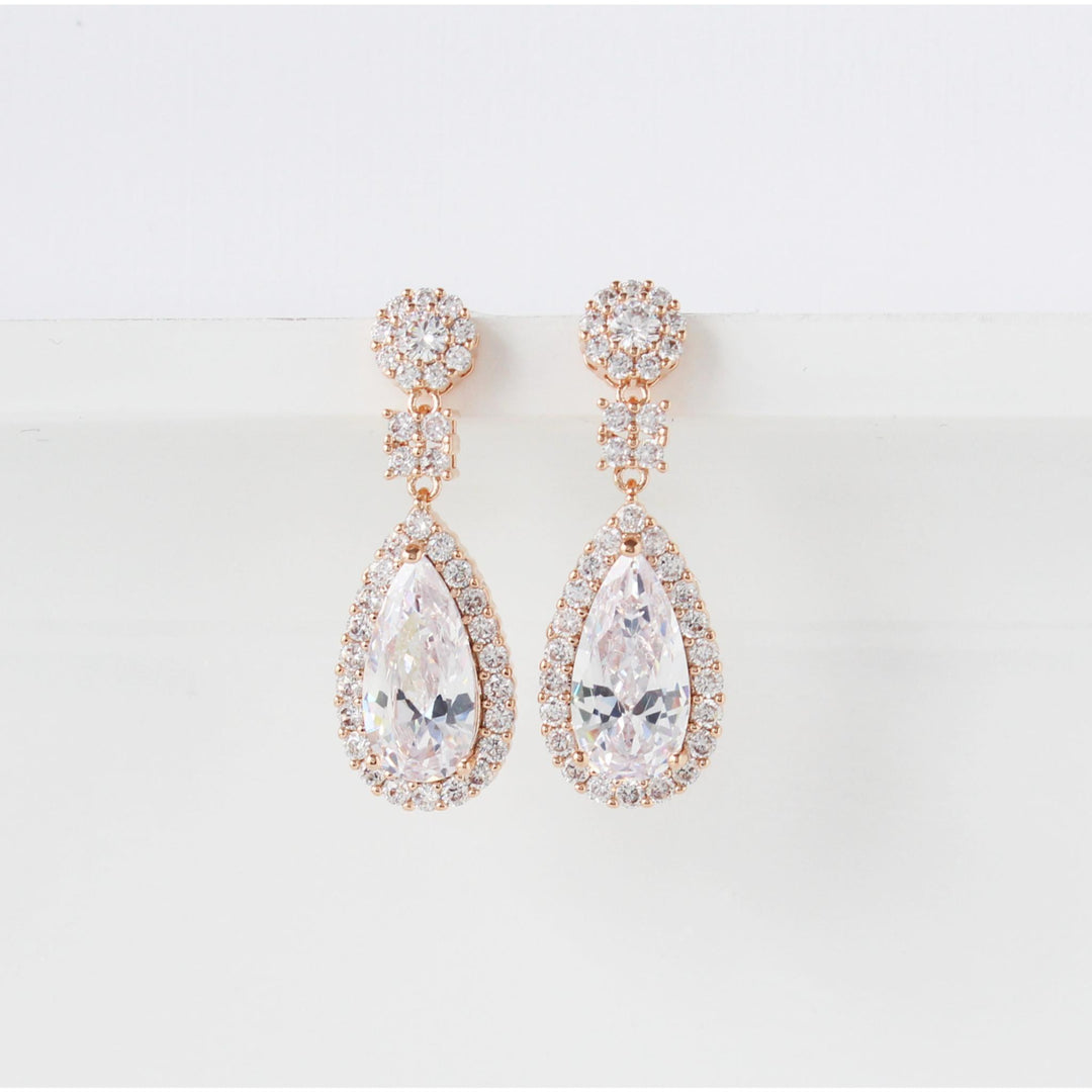 Lisa - Pear Shape CZ Diamond Drop Earrings | Rose Gold