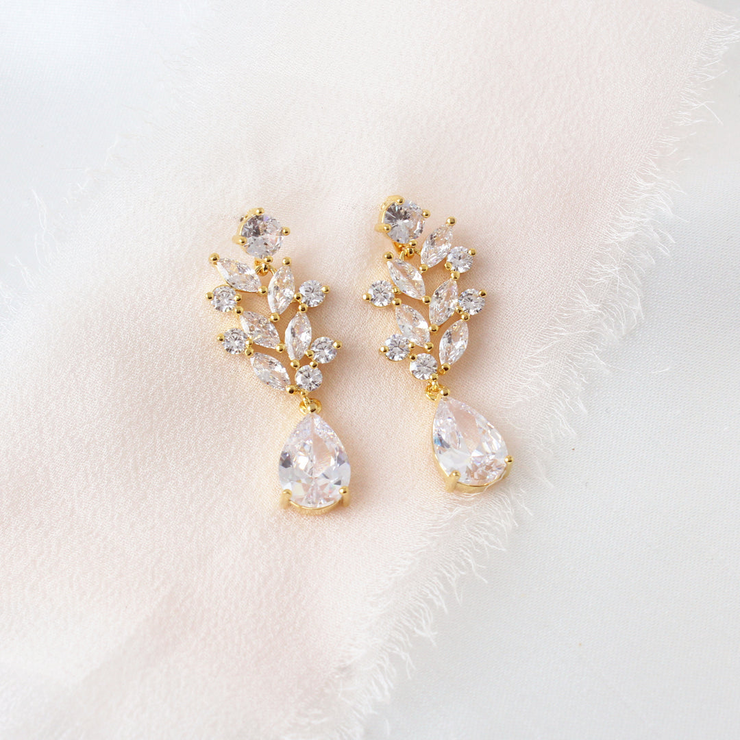 Abbie Gold CZ Cluster Dangle Earrings with marquise and round CZ stones