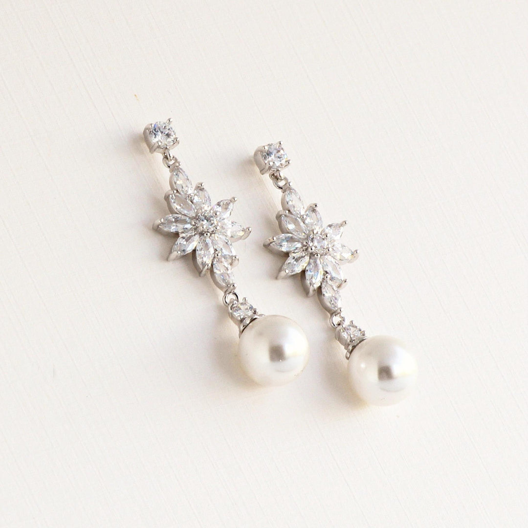 Juliette Floral Pearl & CZ Diamonds Earrings | Silver