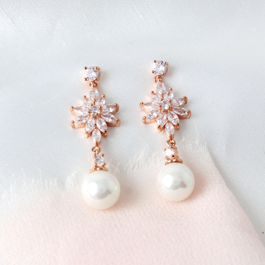 Juliette - Floral Pearl & CZ Diamonds Earrings | Rose Gold