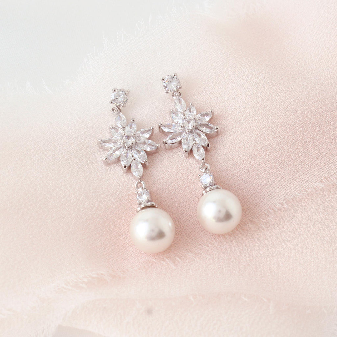 Juliette Floral Pearl & CZ Diamonds Earrings | Silver