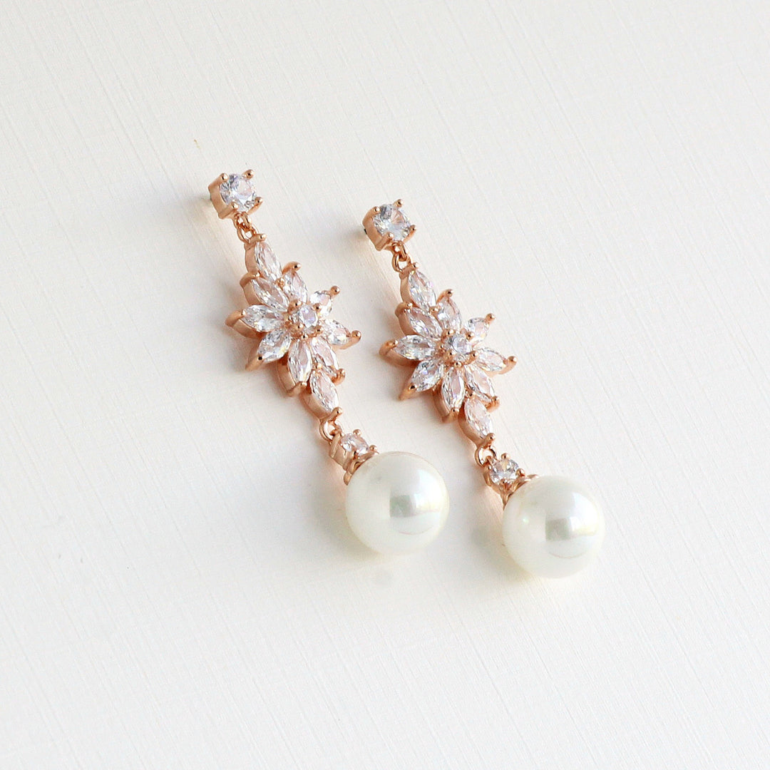 Juliette - Floral Pearl & CZ Diamonds Earrings | Rose Gold