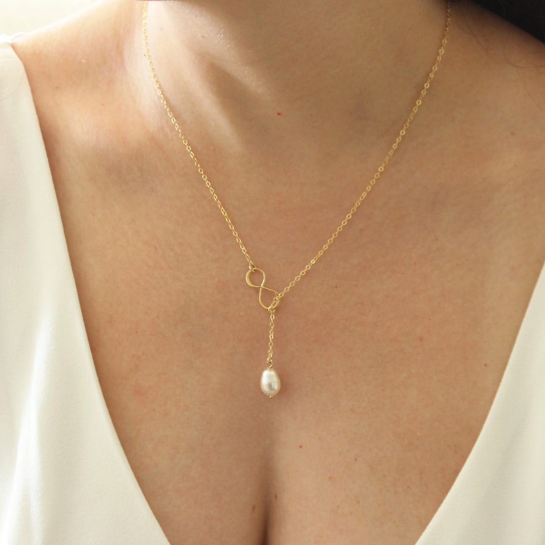Eliza Pearl Drop Lariat Necklace with Infinity Charm | Adriana Sparks Bridal