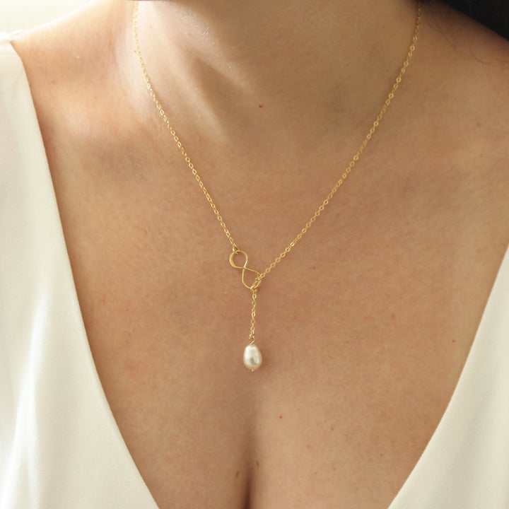 Eliza Lariat Necklace with teardrop pearl and infinity charm 