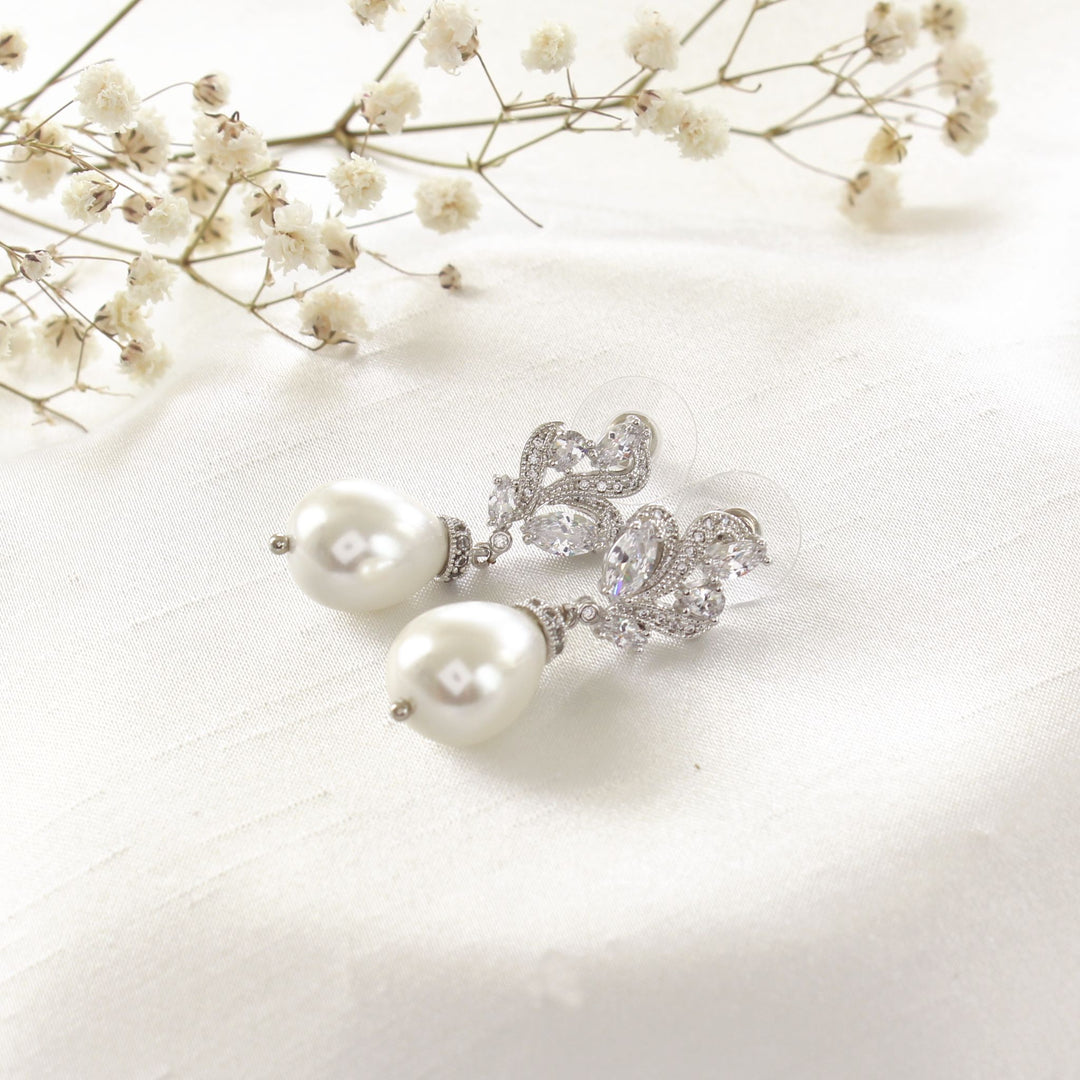 Pearl Floral Drop Earrings in Silver