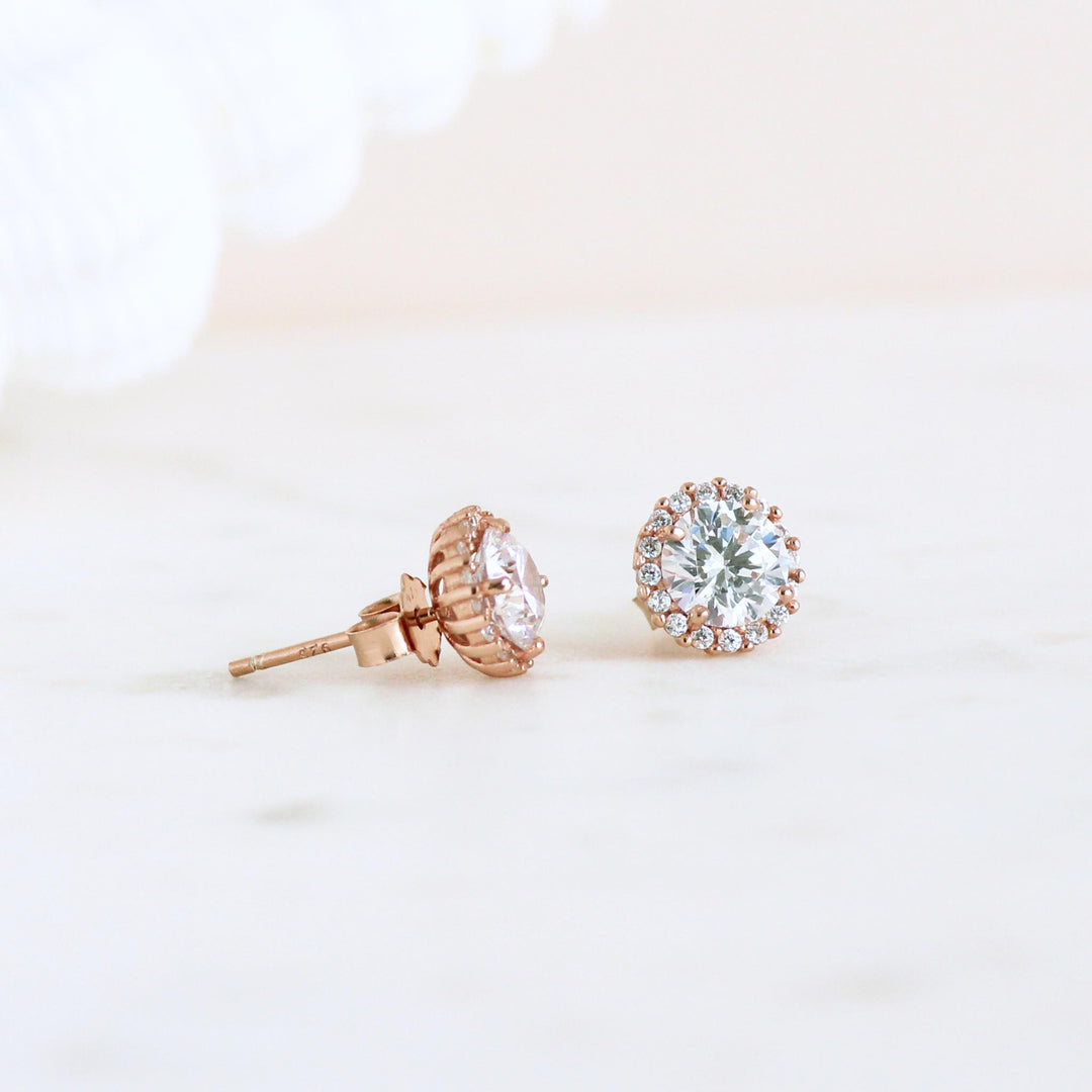 Adele Rose Gold Round Halo Stud Earrings