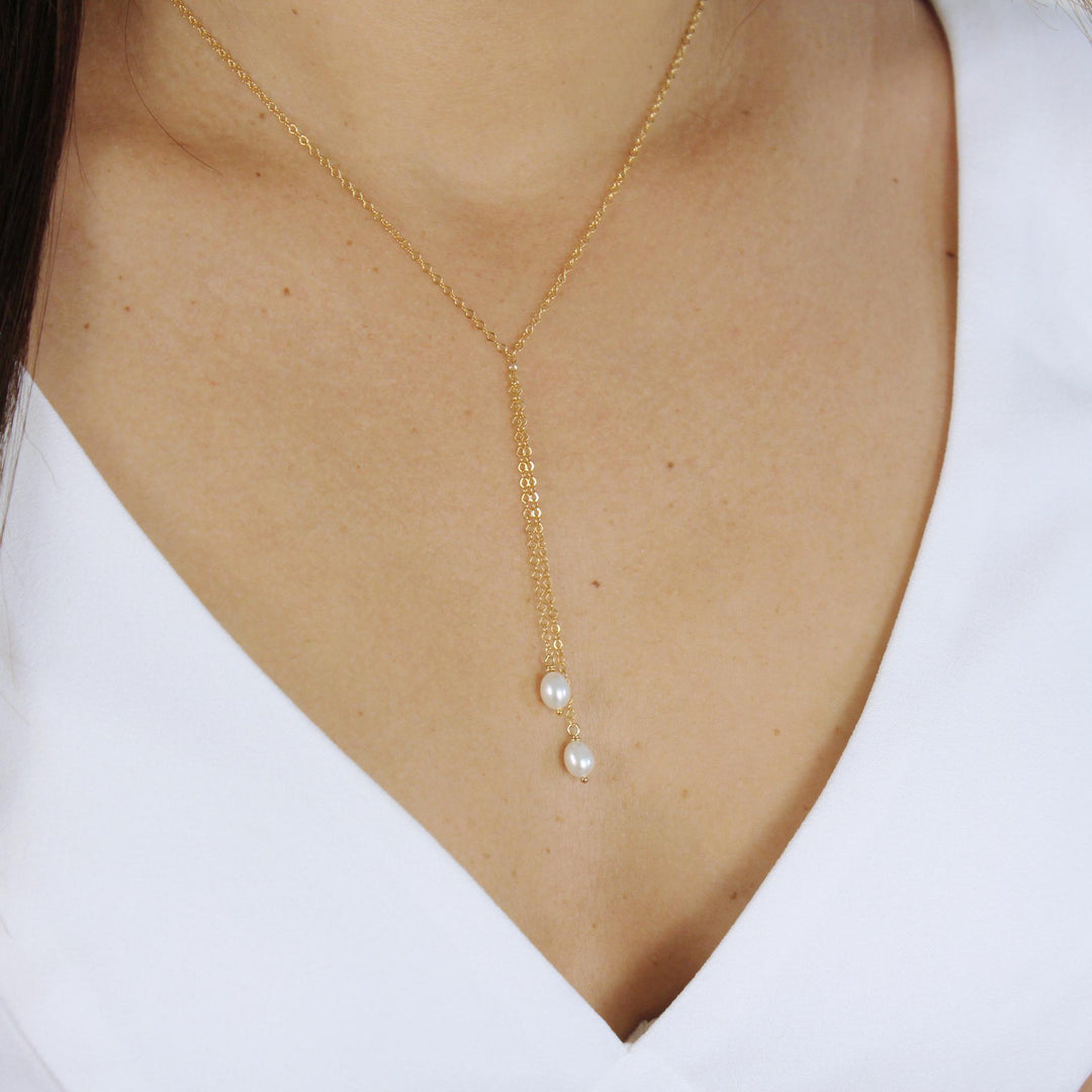 Double Drops Y Pearl Necklace 