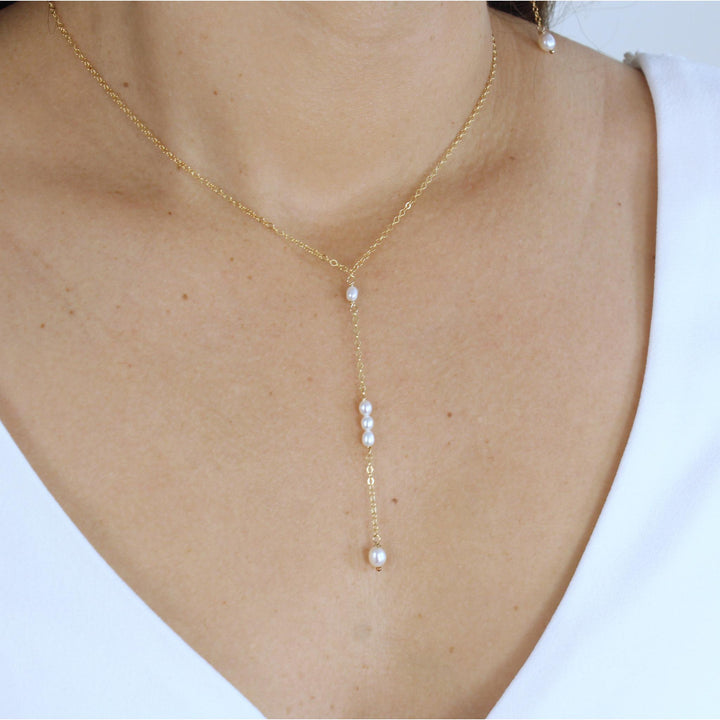 Mini Pearl Y Necklace with freshwater pearls on a dainty chain