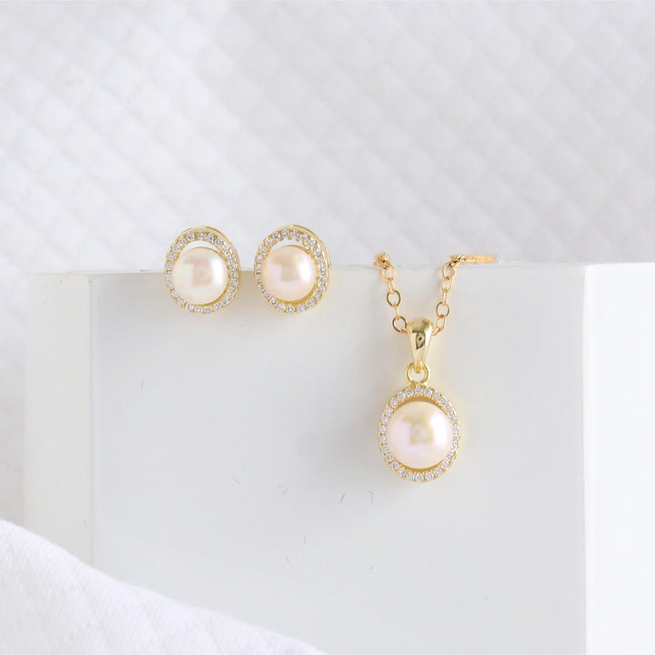 Vivian - Pearls & CZ Oval Halo Necklace & Earrings Set | Gold