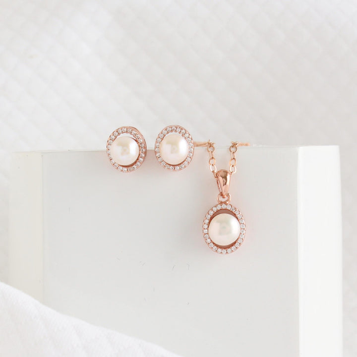 Vivian - Pearls & CZ Oval Halo Necklace & Earrings Set | Rose Gold