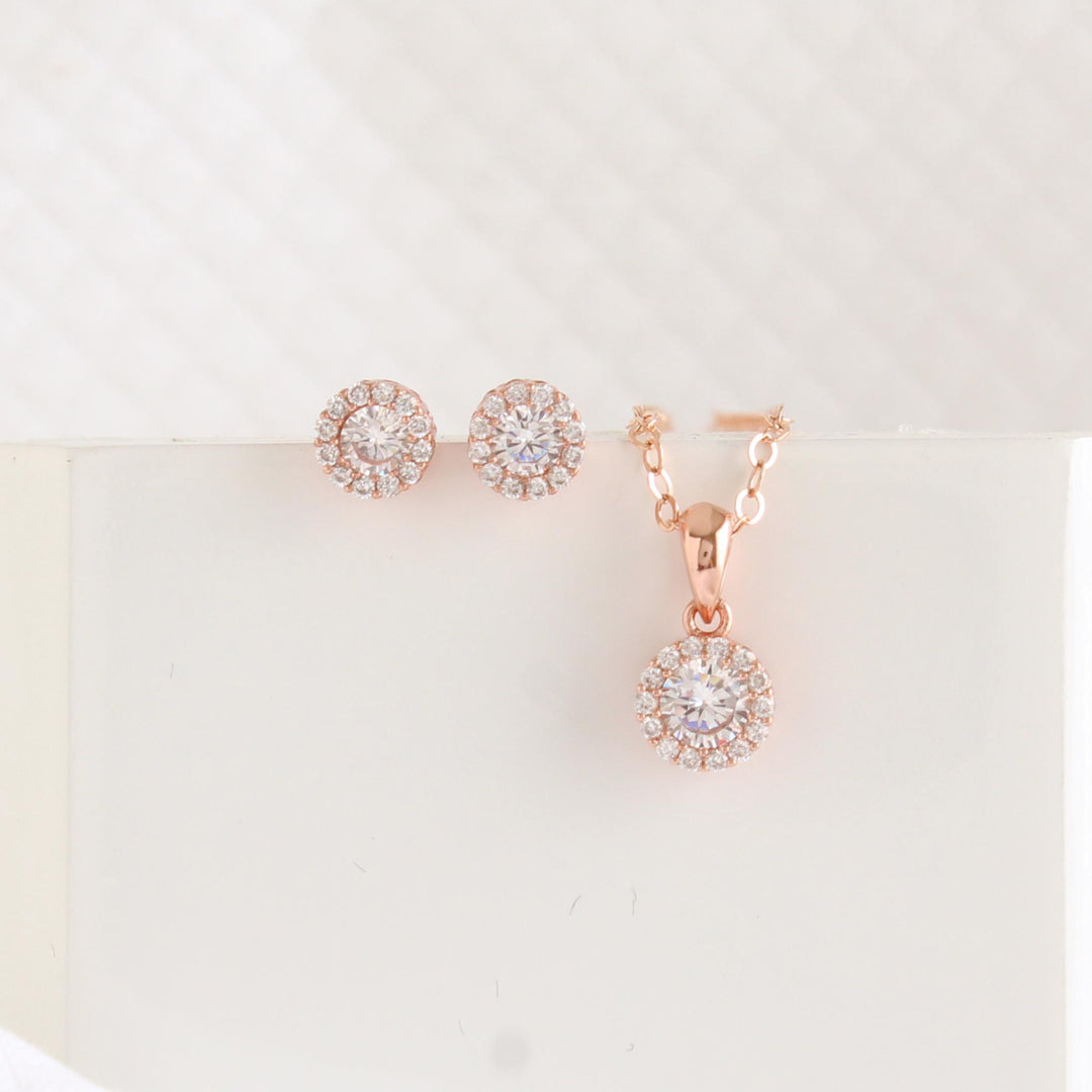 Ava - Round CZ Necklace & Earrings Set | Rose Gold