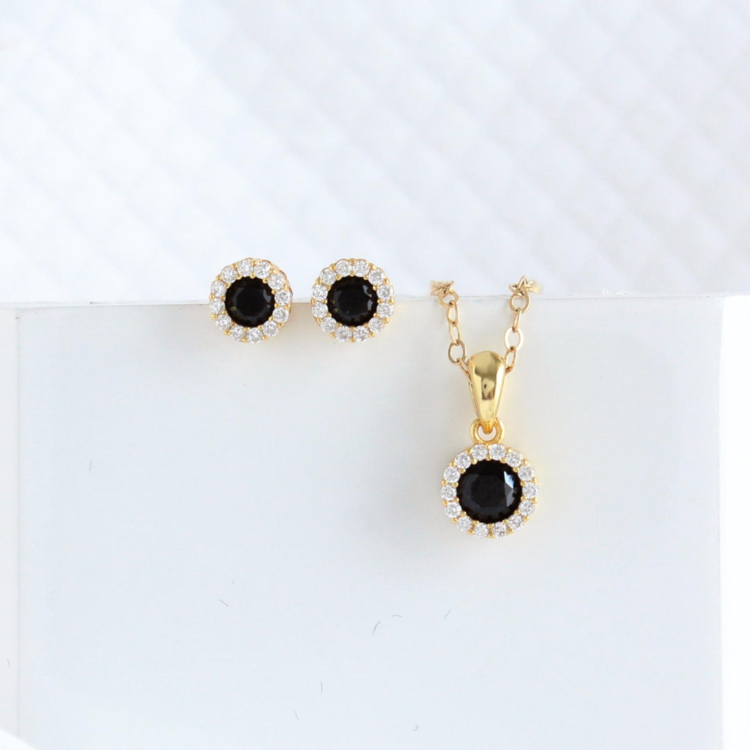 Ava - Round Black CZ Necklace & Earrings Set | Gold