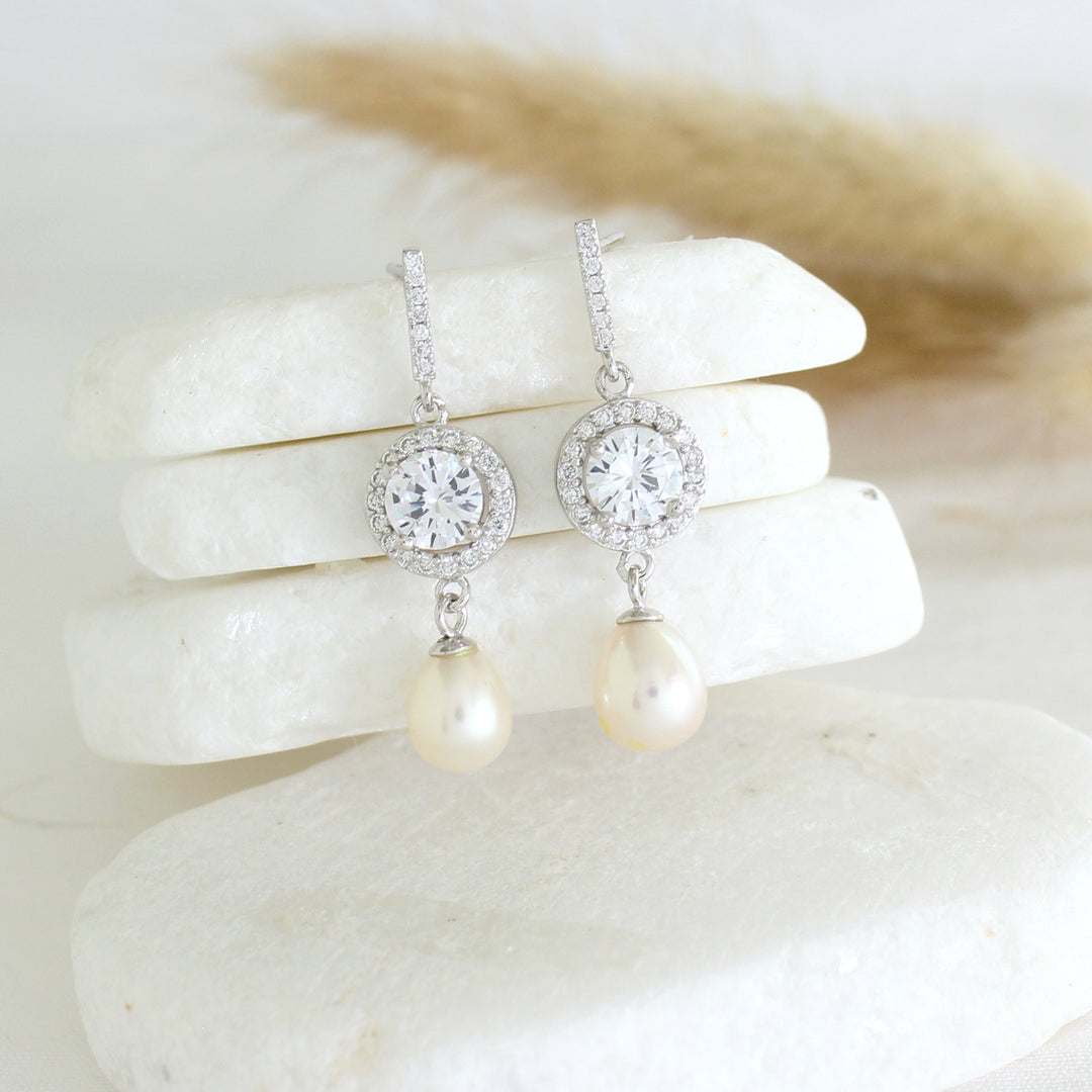 Aspen Teardrop Dangle Pearl Earrings with cubic zirconia 