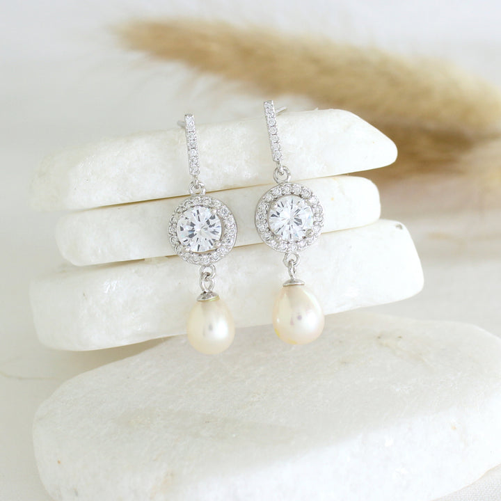 Aspen Teardrop Dangle Pearl Earrings with cubic zirconia 