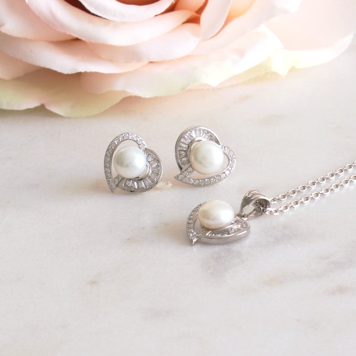 Remi - Heart Halo Pearl Necklace Set | Sterling Silver