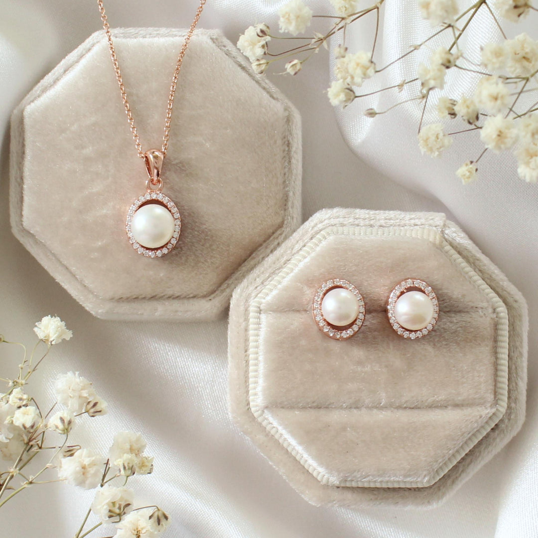 Vivian - Pearls & CZ Oval Halo Necklace & Earrings Set | Rose Gold