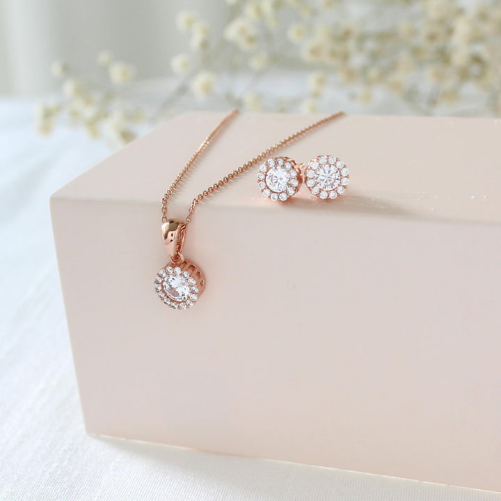 Ava - Round CZ Necklace & Earrings Set | Rose Gold