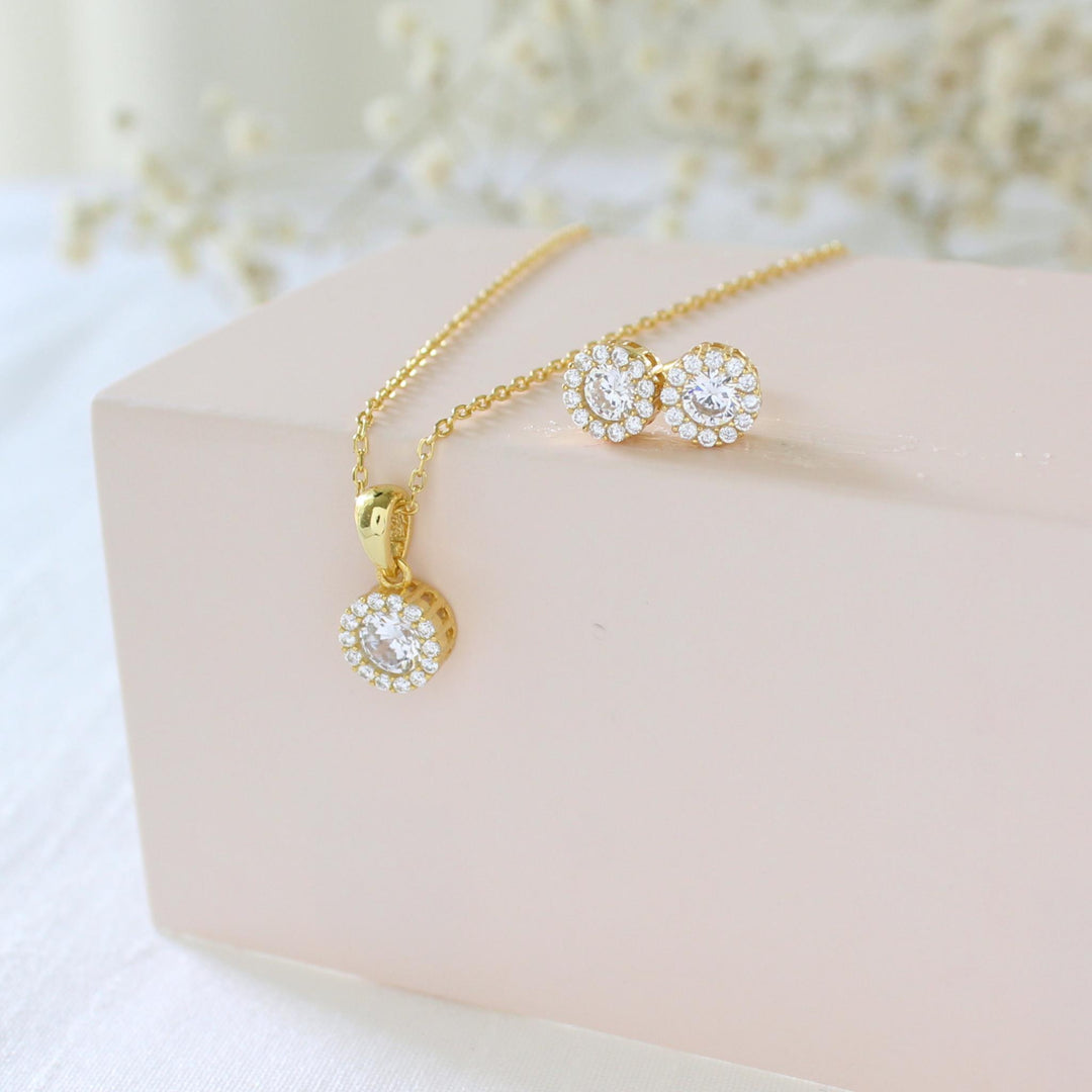 Ava - Round CZ Necklace & Earrings Set | Gold