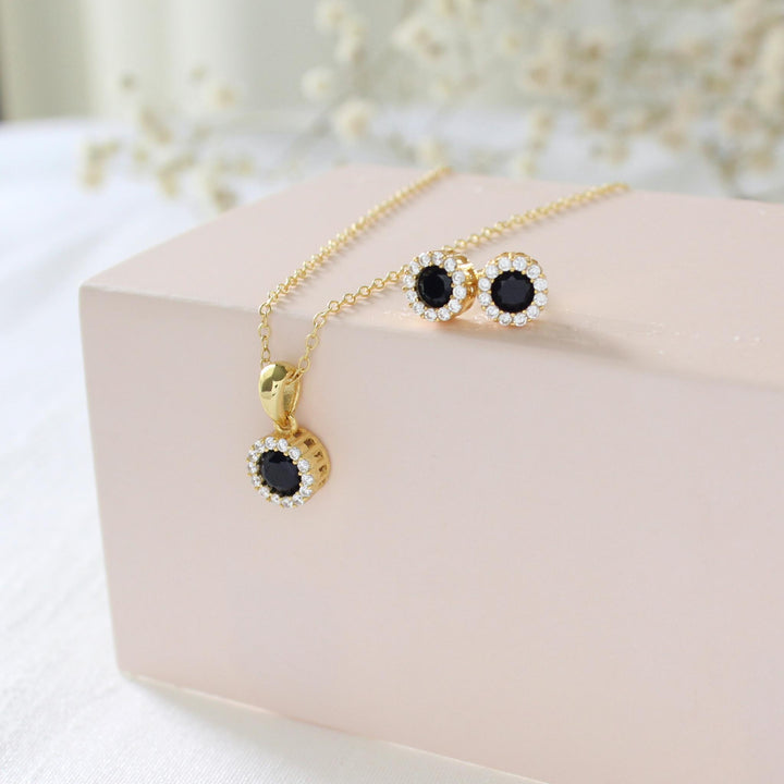 Ava - Round Black CZ Necklace & Earrings Set | Gold