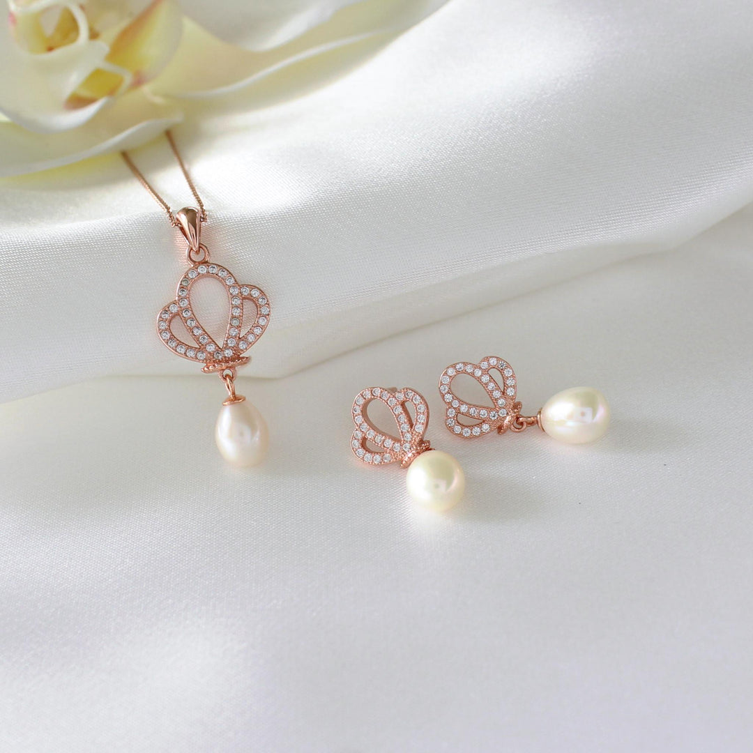 Renee Floral Pearl Necklace & Earrings Set in rose gold vermeil.