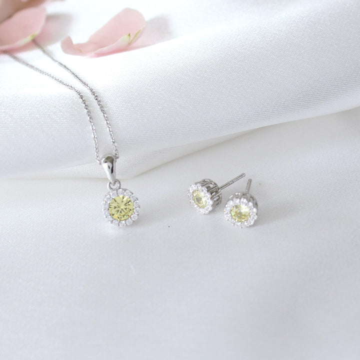 Ava - Round Yellow CZ Necklace & Earrings Set 