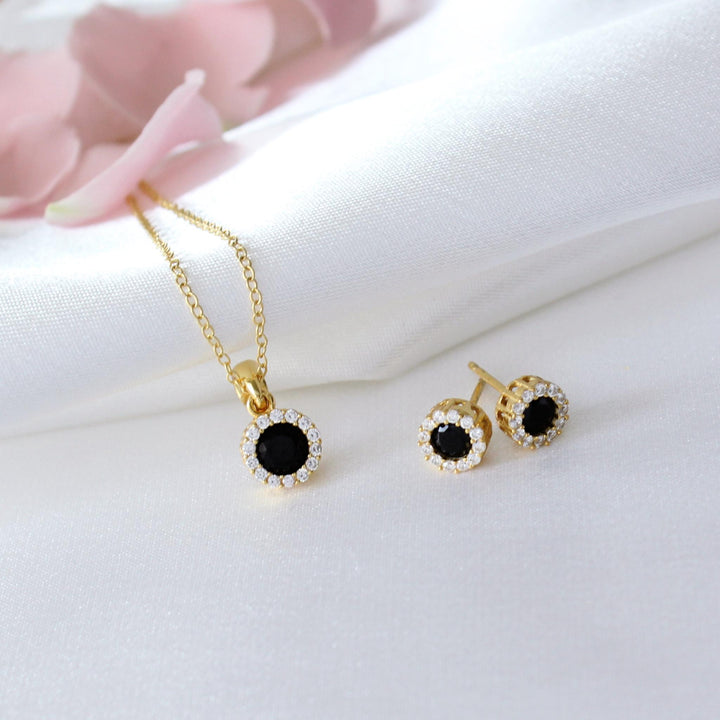 Ava Round Black CZ Necklace & Earrings Set in Gold