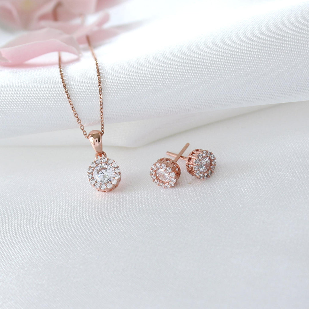 Ava Rose Gold Round CZ Necklace & Earrings Set 