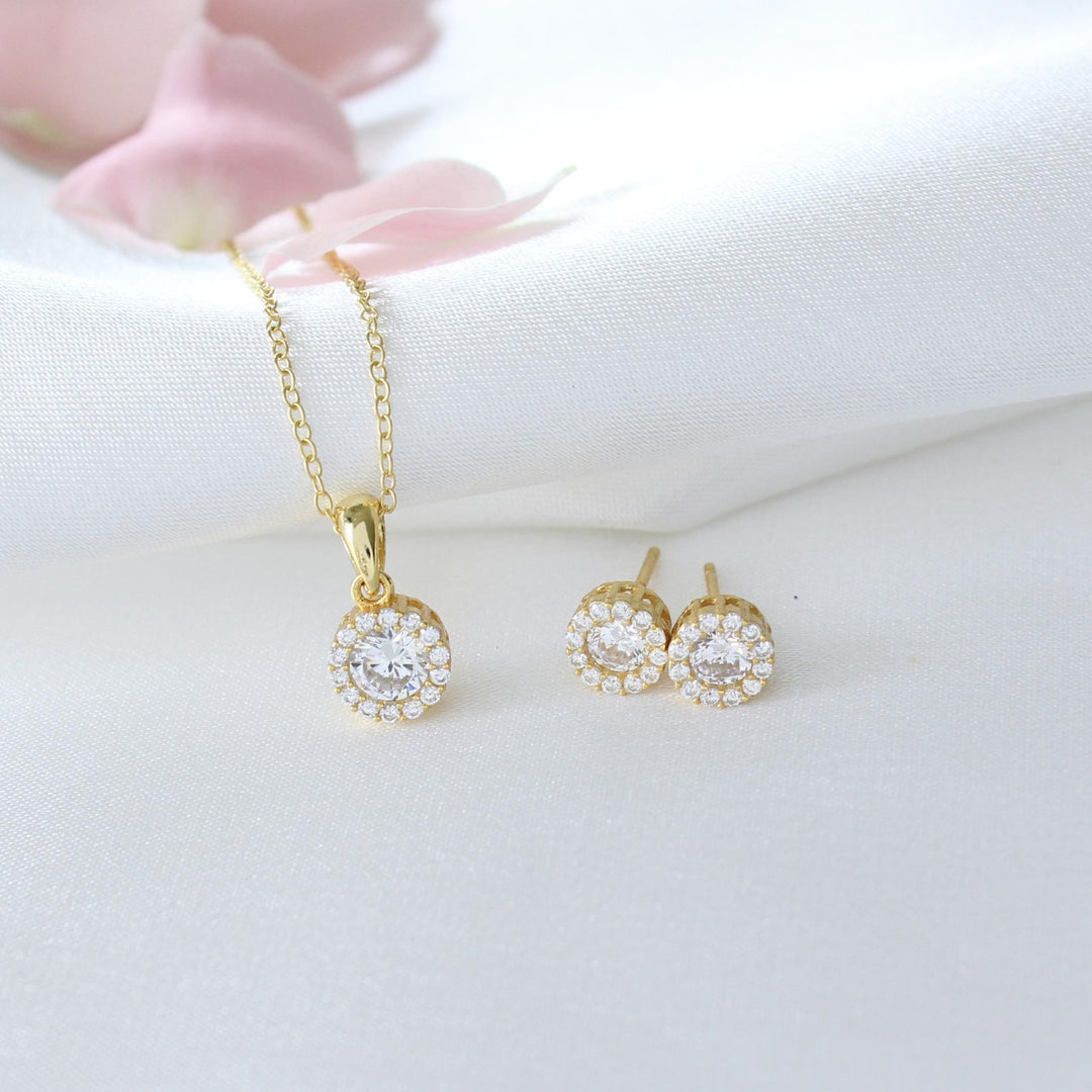 Ava Gold Round CZ Necklace & Earrings Set 