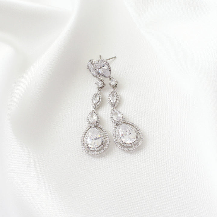 Oval CZ Diamond Drop Earrings with teardrop cubic zirconia in silver