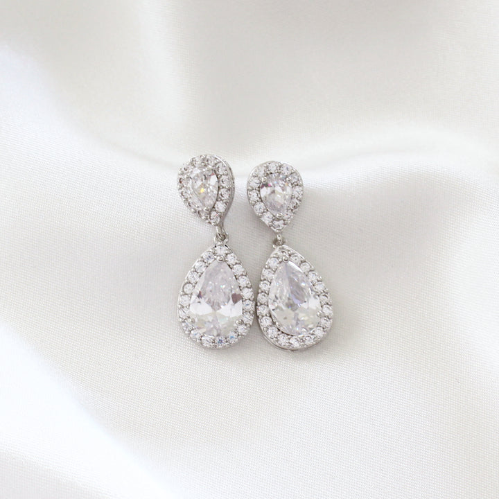 Phoebe - Silver Diamond Teardrop Earrings with cubic zirconia stones.