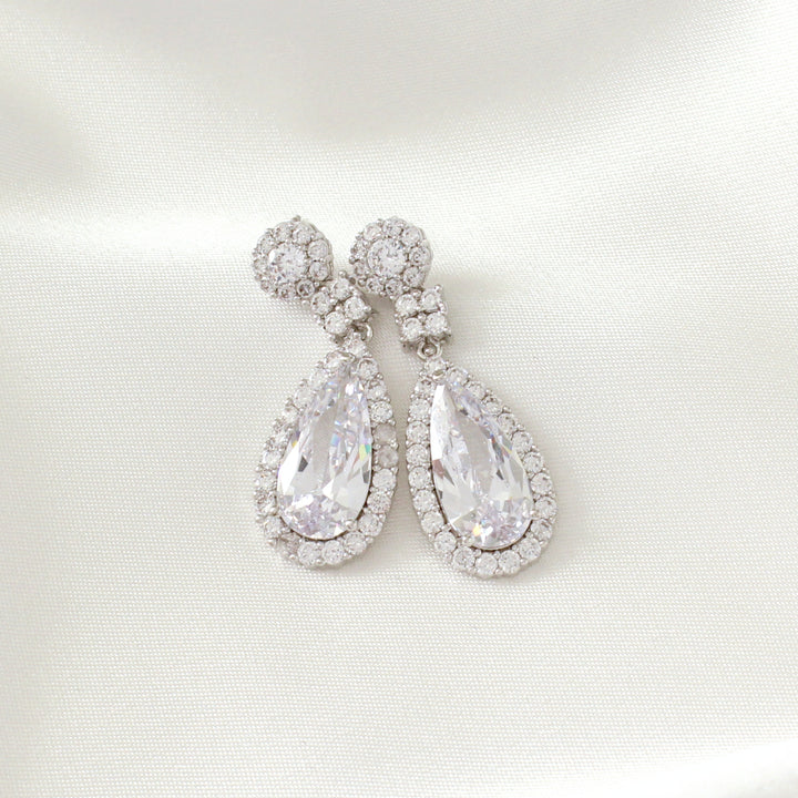 Pear Shape CZ Diamond Drop Earrings - Lisa with a crystal 