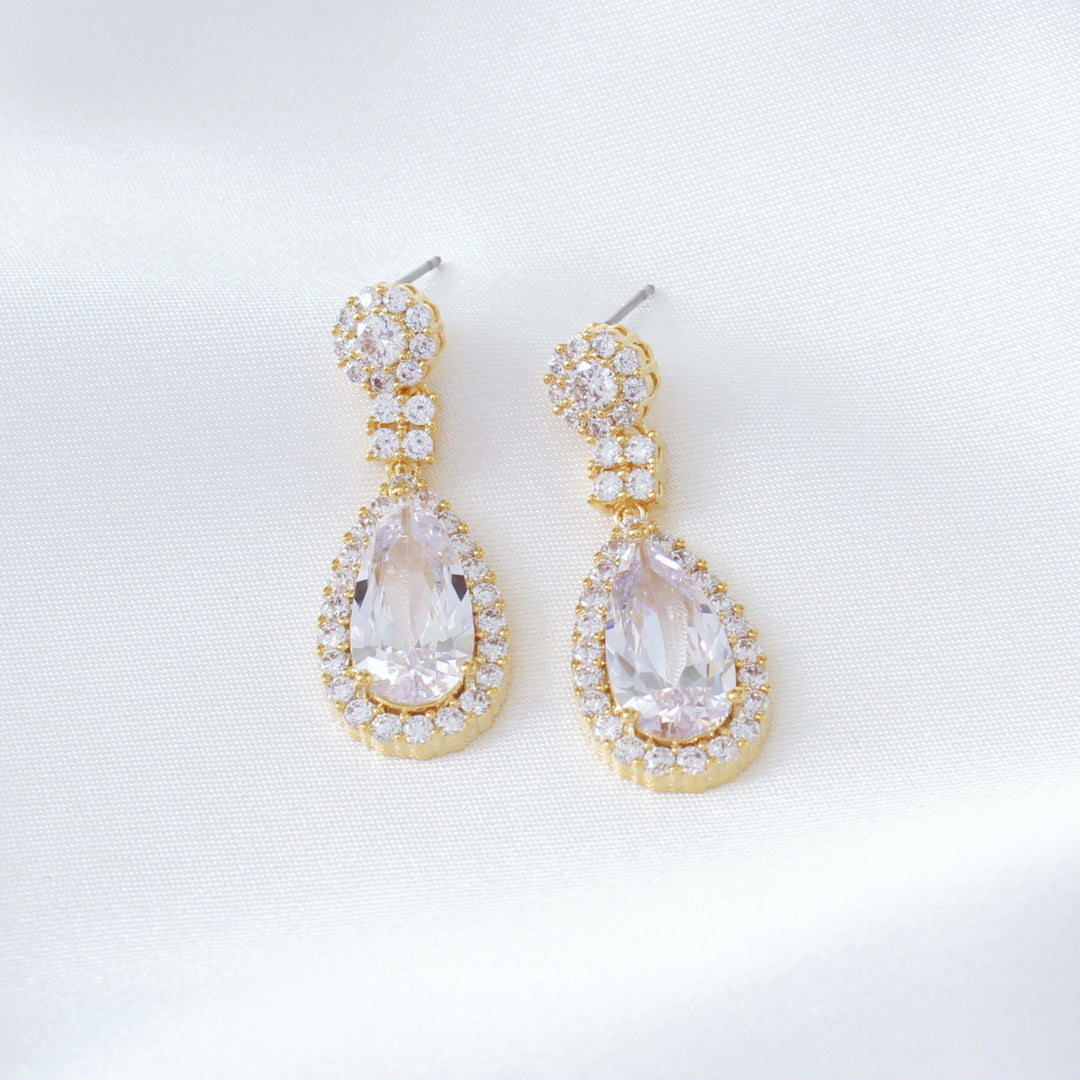 Lisa - Pear Shape CZ Diamond Drop Earrings | Gold