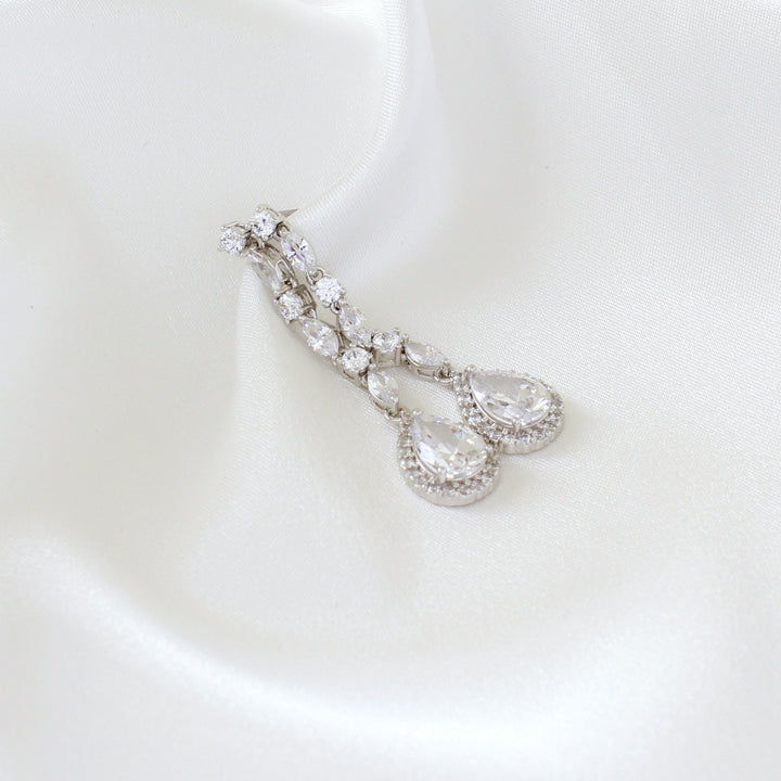 Arya Silver CZ Diamond Teardrop Earrings with pear, round, and marquise crystals.