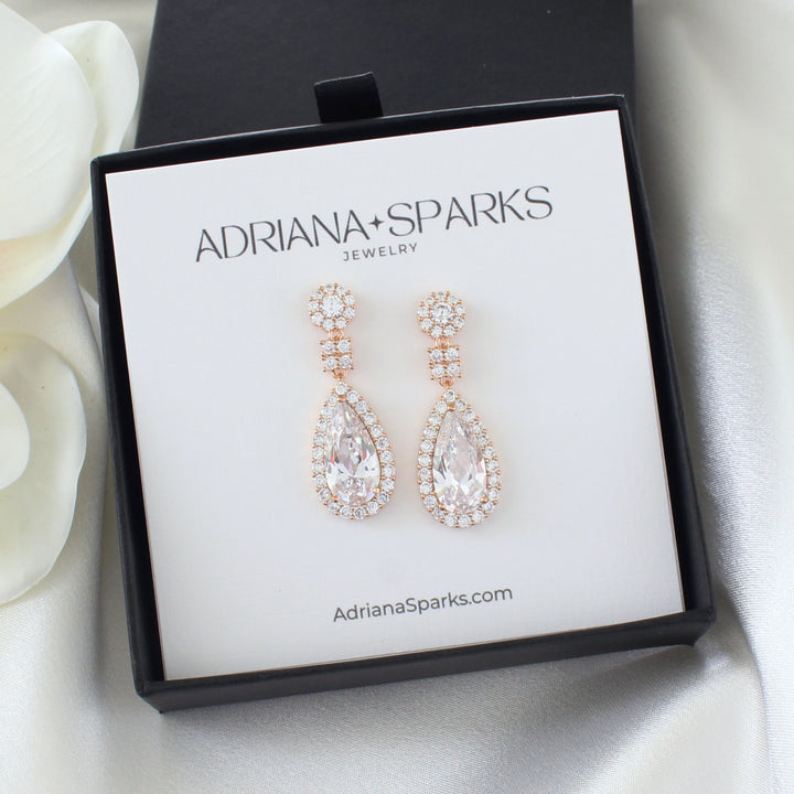 Lisa - Pear Shape CZ Diamond Drop Earrings | Rose Gold