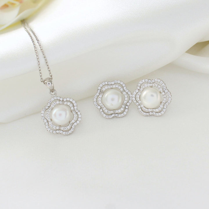 Lia Floral Halo Pearl Jewelry Set with freshwater pearls and a double halo design in sterling silver