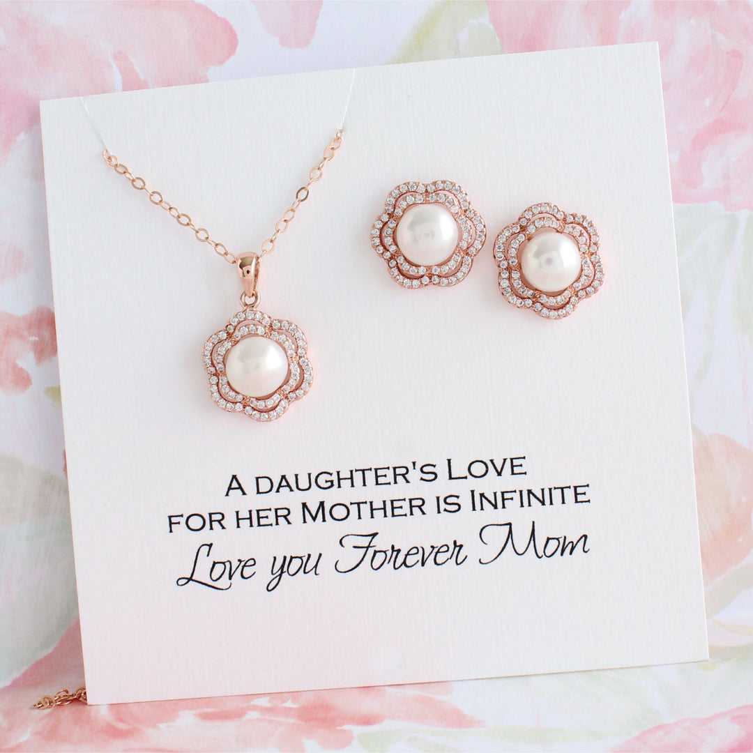 Lia - Floral Halo Pearl Jewelry Set | Rose Gold