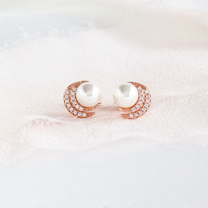 Madelyn Moon Pearl Stud Earrings 