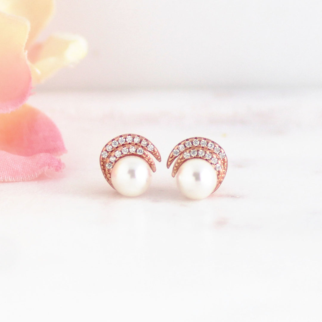 Madelyn Moon Pearl Stud Earrings