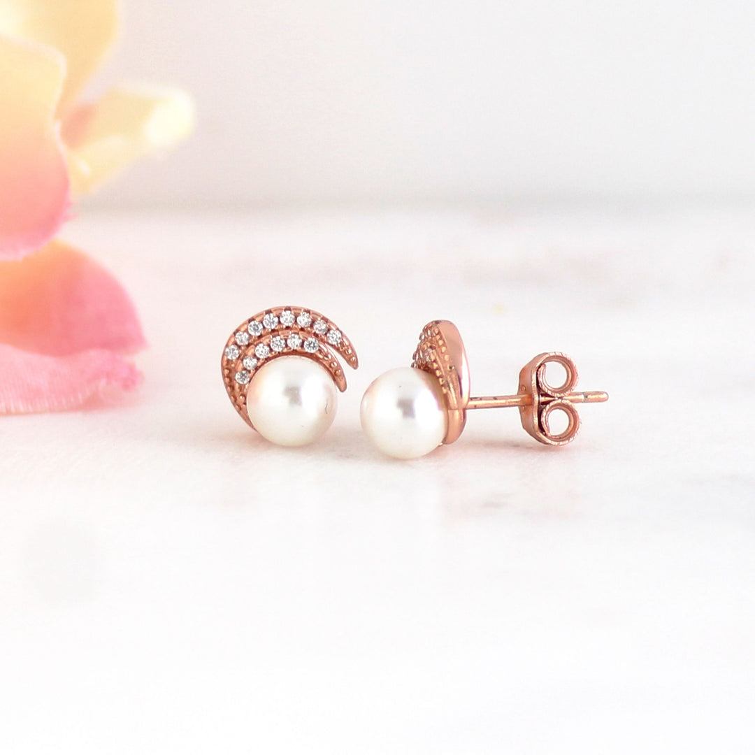 Madelyn Moon Pearl Stud Earrings