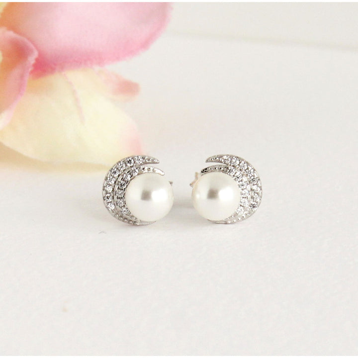 Madelyn Moon Pearl Stud Earrings