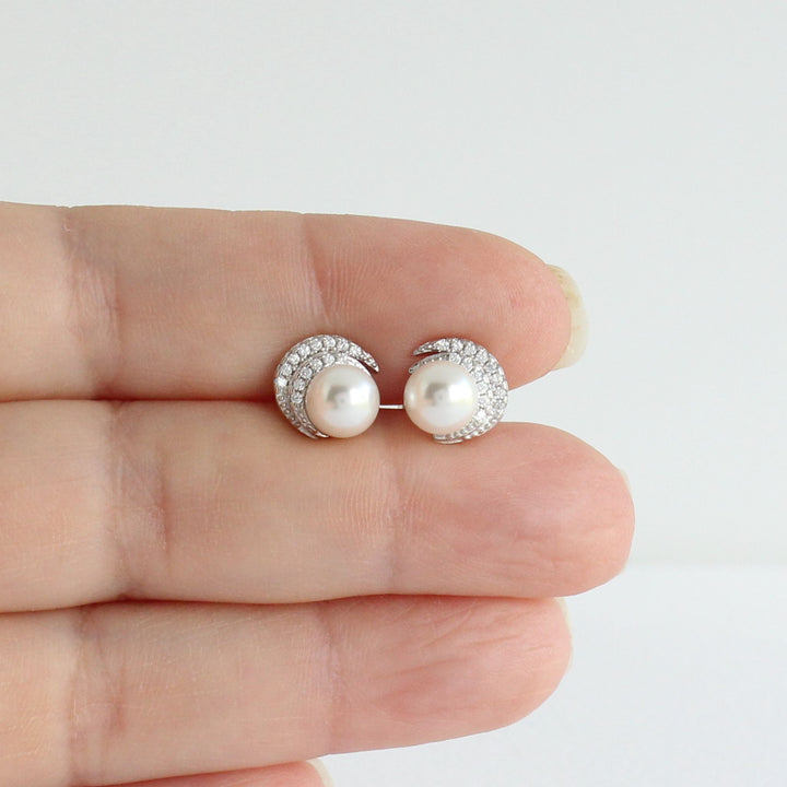 Madelyn Moon Pearl Stud Earrings